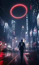 a person in the dark walking on a city street at night