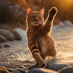 a tabby cat standing on one foot in the water