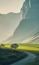 the valley and river in front of mountains