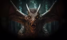the demonic dragon has sharp fangs and glowing eyes