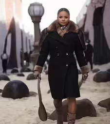 the woman is walking with a coat and hat