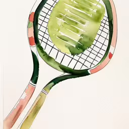 a green tennis racket with the number four painted on it,a painting of a tennis racket in watercolor,painting of tennis racket on canvase with white background,a tennis racket with watercolor on paper,a watercolor painting of a tennis racket