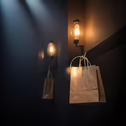 brown paper shopping bags are hanging from the wall