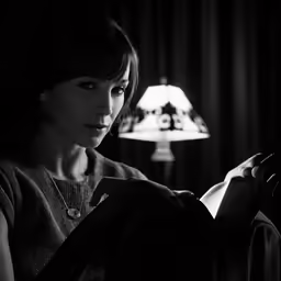a woman sits in a dimly lit room