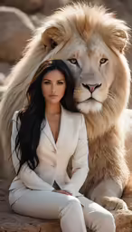a young woman sitting on top of a large lion