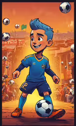 an illustration of a man in a blue uniform with a soccer ball,an image of a cartoon soccer player standing next to a ball