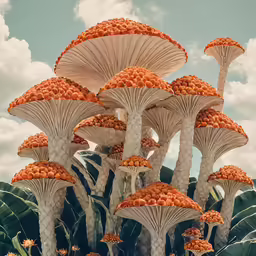 there are many orange fruit covered mushrooms on the trees