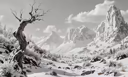 snow covered mountains and trees stand in a mountainous landscape