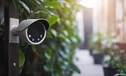 a security camera on a wall next to a garden