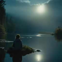 a person sitting on a rock overlooking water with the sun in the sky