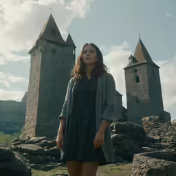 a woman wearing a dress and boots stands in front of an old castle