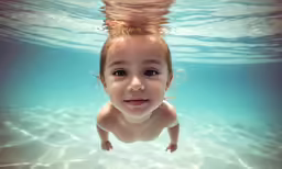 a child swims under the water in a pool
