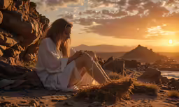a woman is sitting on a rocky cliff with the sun setting