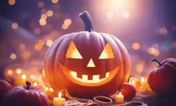 pumpkin with lighted eyes surrounded by small candles
