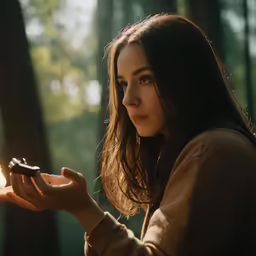 a girl is holding out a lit cigarette