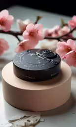 a jar is sitting on a stand and some flowers are growing in the background