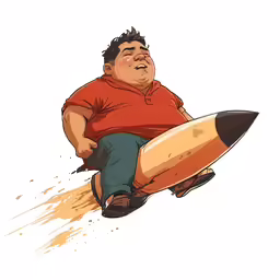a drawing of an overweight man holding a surfboard