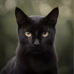 a close up of a black cat with orange eyes