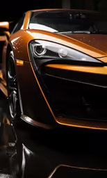 an orange sports car with white and red stripes