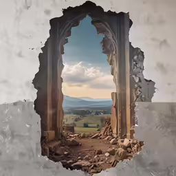the open window to the sky with a view of mountains