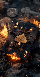 a small umbrella on a rocky beach near fire