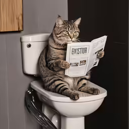 a grey cat sitting on the edge of a toilet and reading a newspaper