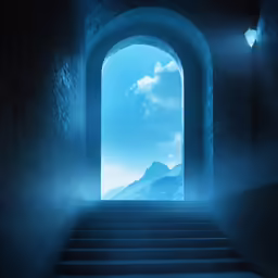 the stairs lead up to a dark doorway with a mountain in the distance