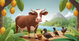 an image of a cow and four ducks on a river bank