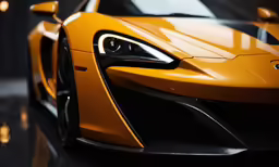 an orange car is on display in a room