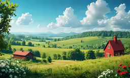 two houses in a large field with mountains in the background