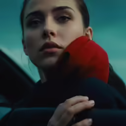 a girl with her eyes shut while leaning on the hood of a car