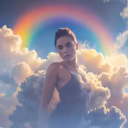 a beautiful woman standing in the clouds under a rainbow