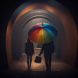 a couple holds the same umbrella in the night