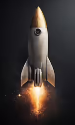 a large silver rocket is going towards the camera