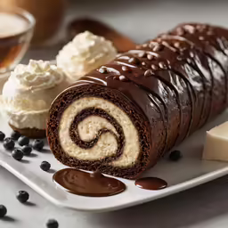 chocolate cake roll with frosting and blueberries on a plate