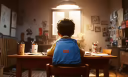 a young boy sitting at a wooden table with a book bag