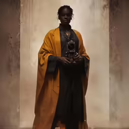 a woman holding a camera in an artistic setting
