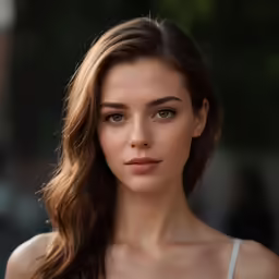 the woman with brown hair is standing next to some trees