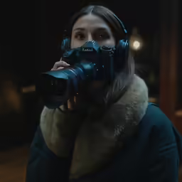the woman in blue jacket is holding her camera up