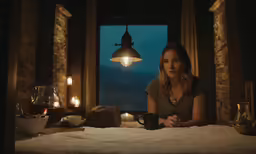 a young lady sitting at a table looking out of a window