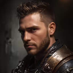 a young man wearing armor and posing for a photograph