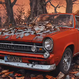 an orange car is covered in leaves and leaves,an orange old car is parked in front of many trees