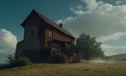 a large house with a balcony sits in the middle of a field