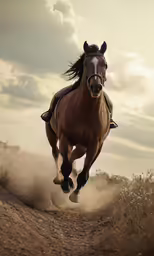 a brown horse trotting on dirt ground