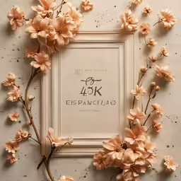 beautiful light orange flowers arranged in a frame over a white wall