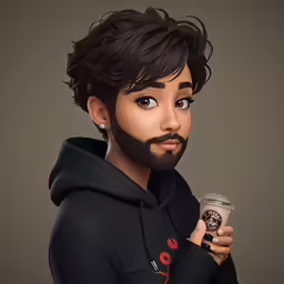 a young black man with a beard holding a cup