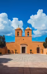 the front facade of a brown adobe building