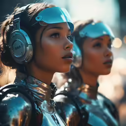 two women in metal bodysuits, headphones on