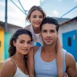 a man is standing next to two beautiful woman