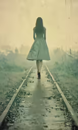a woman walking along a train track in the rain